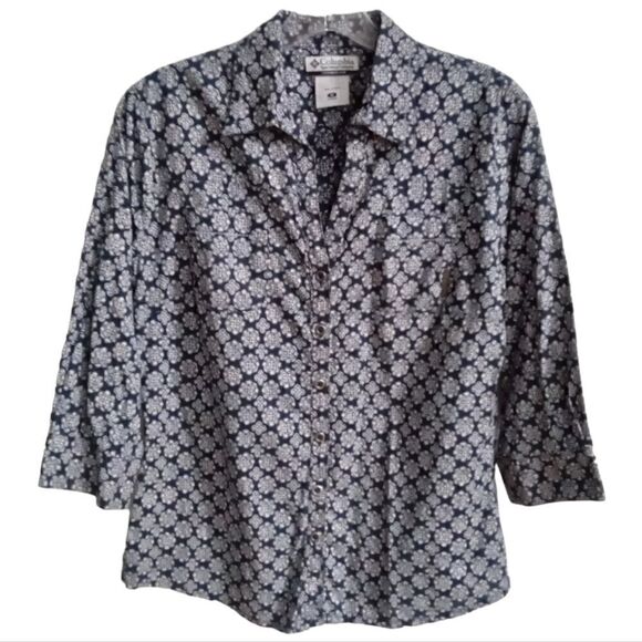 Columbia Women's Button Up Top Allover Print Size M Navy and White - Picture 1 of 11